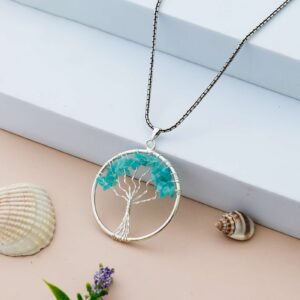 Amazonite Pendant Tree of Life Crystal Stone Pendant Locket with Metal Chain for Healing Crystal Healing Gemstone Size 35-40 mm Amazonite